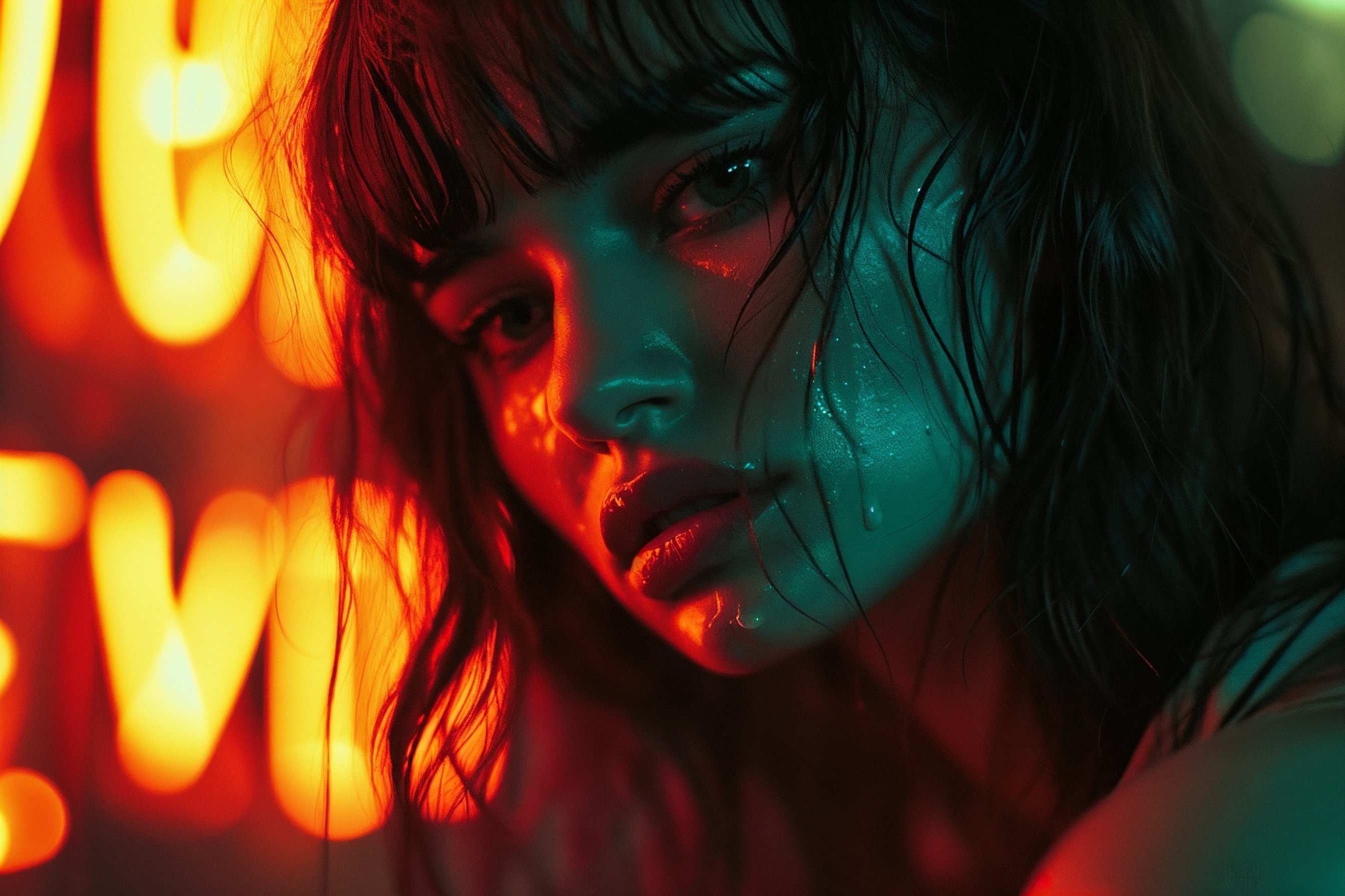 Descubre el enigma nocturno en este retrato cautivador: luces de neón reflejadas sobre una mirada intensa y lágrimas brillantes. Una foto que captura la belleza urbana y emociones crudas en una noche de ciudad.