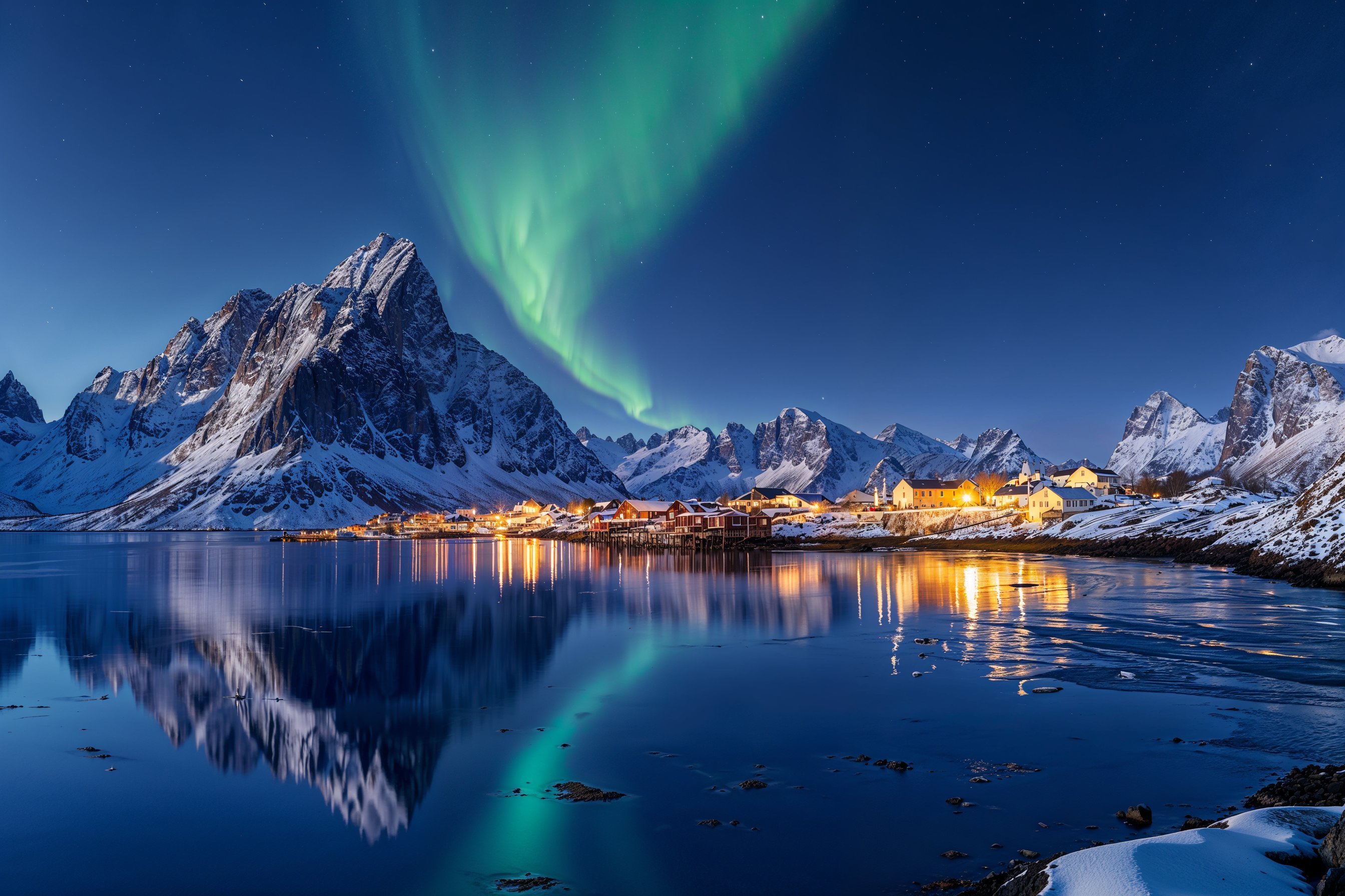 Experimenta la magia del Ártico con esta impresionante foto nocturna capturando la aurora boreal danzando sobre un idílico pueblo de montaña, reflejando su esplendor en las tranquilas aguas. Un espectáculo de la naturaleza que hechiza a los espectadores.