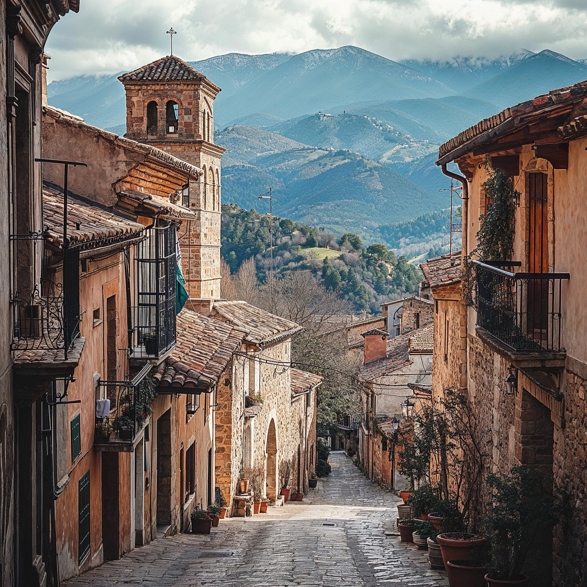 Explora la magia del casco antiguo con esta imagen cautivadora de un pueblo medieval. Calle empedrada, arquitectura antigua y montañas brumosas: un destino perfecto para viajeros y amantes de la historia.