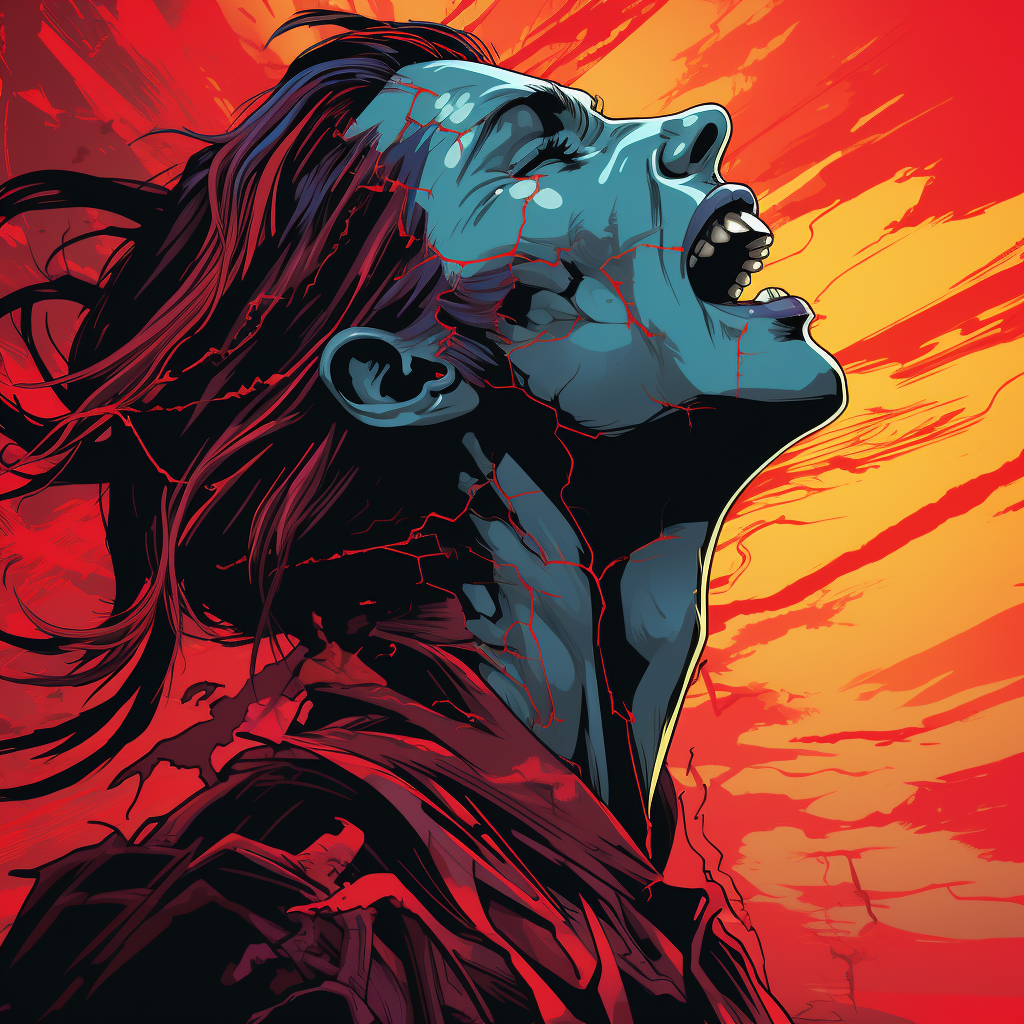 Imagen de arte digital que encapsula la intensidad de las emociones humanas en un estilo de cómic único. Con su paleta de colores vibrantes dominada por rojos intensos y azules profundos, esta obra transmite una energía visceral.