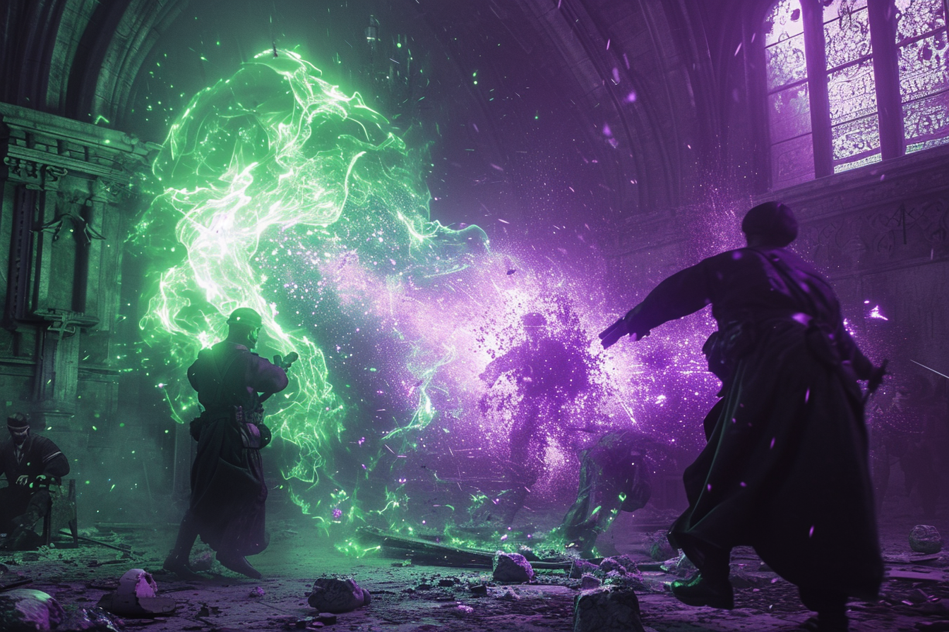 En una épica batalla mágica, guerreros se enfrentan en un antiguo templo, donde explosiones de energía verde y púrpura iluminan el caos. La lucha entre fuerzas sobrenaturales crea un escenario visual impactante lleno de acción y misterio.