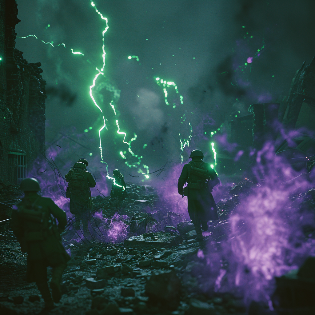 Sumérgete en una escena apocalíptica de guerra distópica, donde soldados avanzan entre escombros iluminados por relámpagos verdes y destellos púrpuras. Una imagen que captura el caos y la energía eléctrica de un campo de batalla devastado, ideal para los amantes de la ciencia ficción y la fotografía artística.