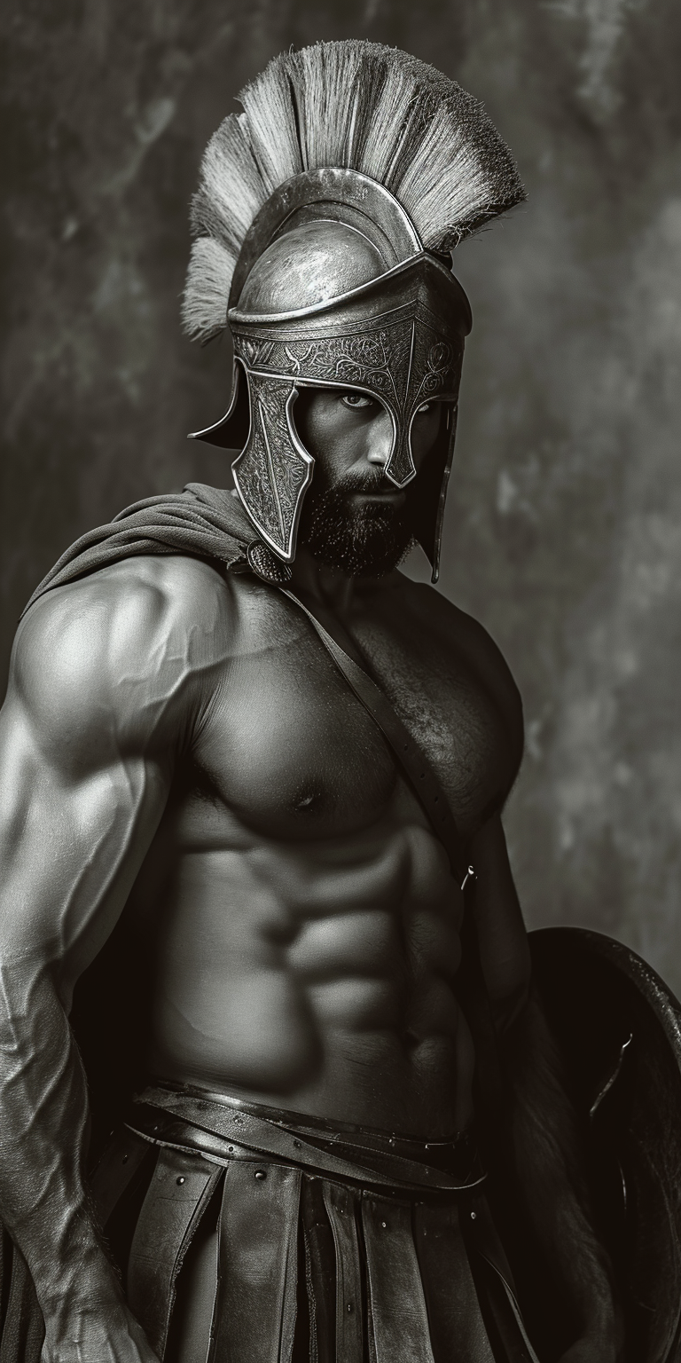 Un guerrero musculoso en armadura y casco espartano se muestra imponente en un retrato en blanco y negro. Esta imagen transmite una sensación de fuerza, honor y determinación, perfecta para inspirar valentía y coraje en redes sociales.