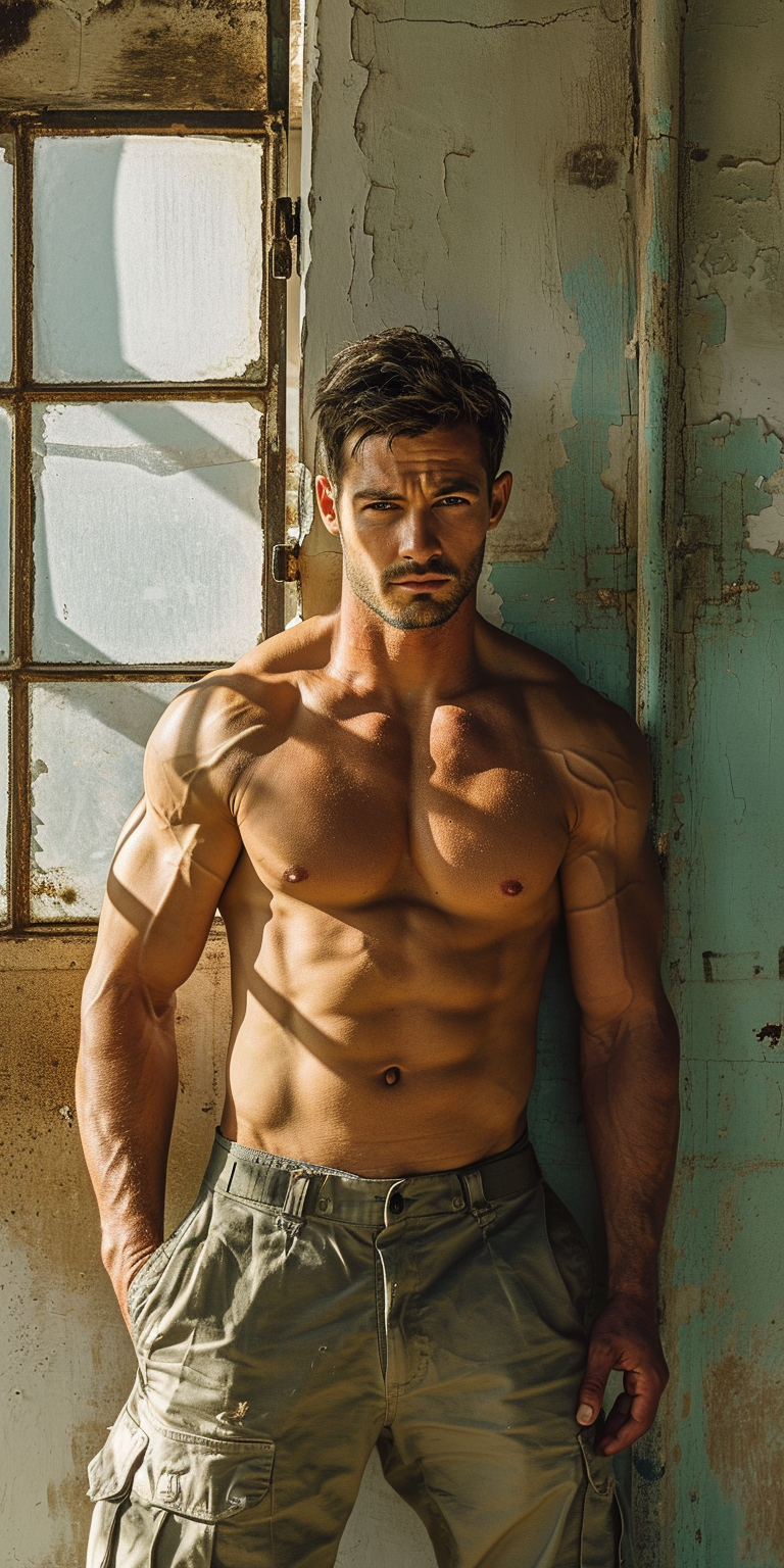 Un hombre musculoso y con actitud determinada posa sin camiseta junto a una ventana en un edificio deteriorado. Esta imagen resalta la fuerza física y la confianza, ideal para promover conceptos de fitness y estilo de vida saludable en redes sociales.