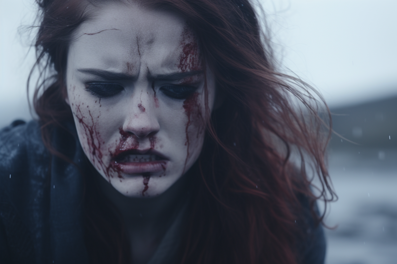 Esta imagen impactante muestra a una mujer con el rostro ensangrentado y expresión de dolor y desesperación. La intensa emoción y el ambiente sombrío la hacen una imagen poderosa y evocadora.