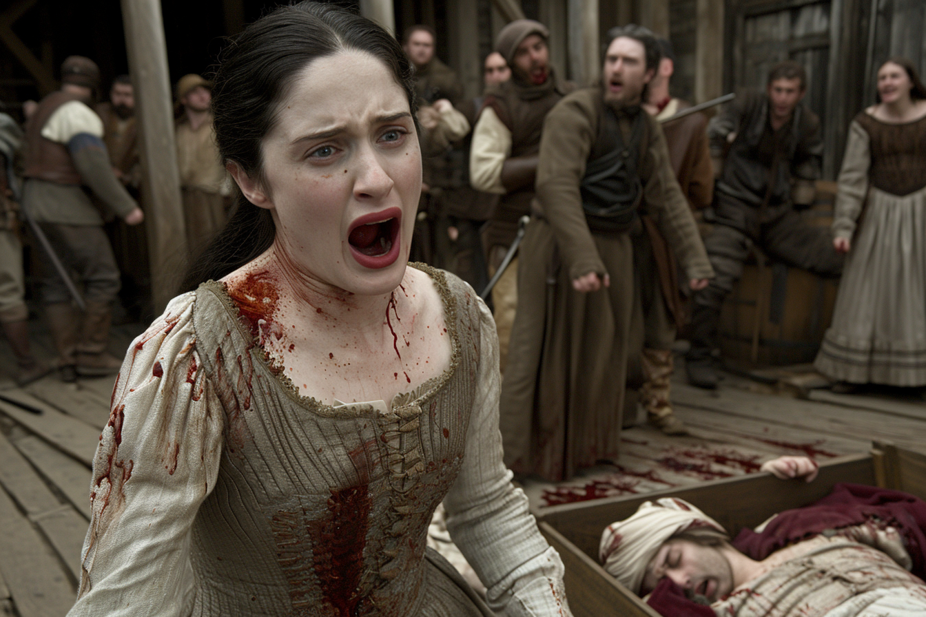 Una mujer cubierta de sangre grita desesperada en una escena medieval. La multitud en el fondo parece estar en una revuelta violenta. La imagen transmite una fuerte emoción y tensión.