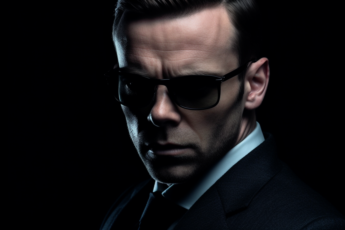 Descubre el aura de misterio y profesionalismo con esta foto de un hombre en traje y gafas oscuras, capturando la esencia de la sofisticación moderna. Ideal para inspirar tu próximo look de negocios.