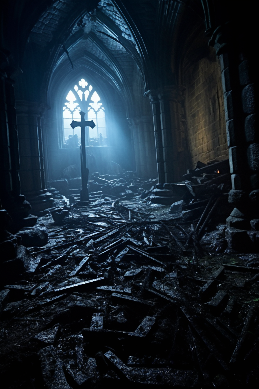 Explora las sombras del pasado con esta imagen evocadora de ruinas góticas. Déjate cautivar por la luz que se filtra a través de los vitrales, iluminando los escombros de una época olvidada. Ideal para amantes de la historia y la arquitectura antigua.