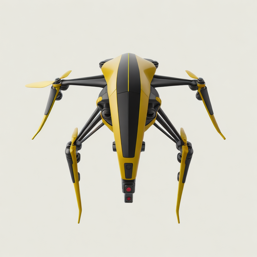 Dron futurista, un ejemplo de ingeniería de vanguardia con un diseño elegante en negro y amarillo. Este dron de alto rendimiento captura la esencia de la eficiencia y la velocidad, con hélices aerodinámicas y patas articuladas que sugieren una movilidad excepcional y estabilidad.