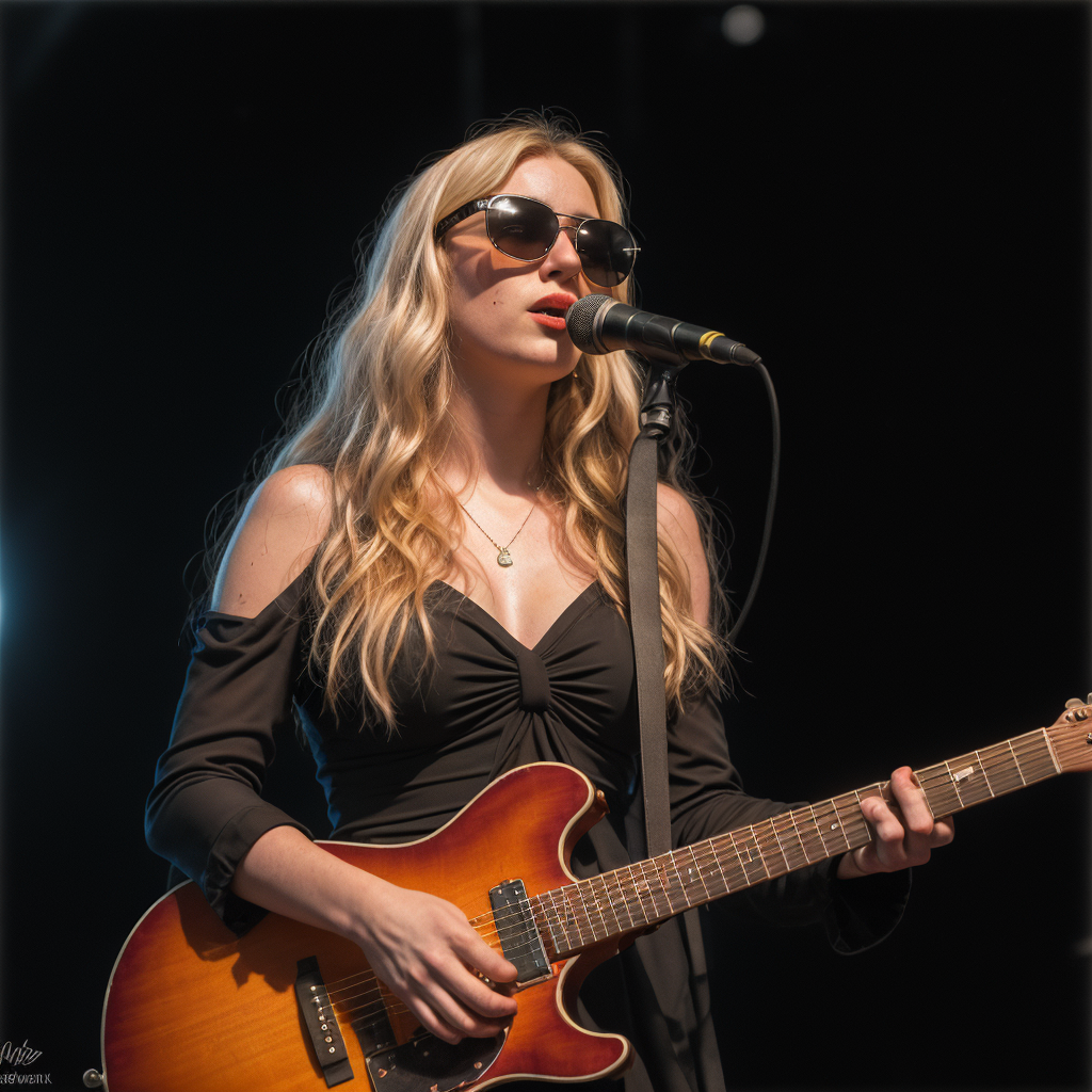 Una talentosa guitarrista en acción. Bajo los reflectores, una figura elegante y estilizada se adueña del escenario. Con una guitarra eléctrica en mano y su voz elevándose a través del micrófono, esta artista encarna la pasión y energía que solo la música en vivo puede transmitir.