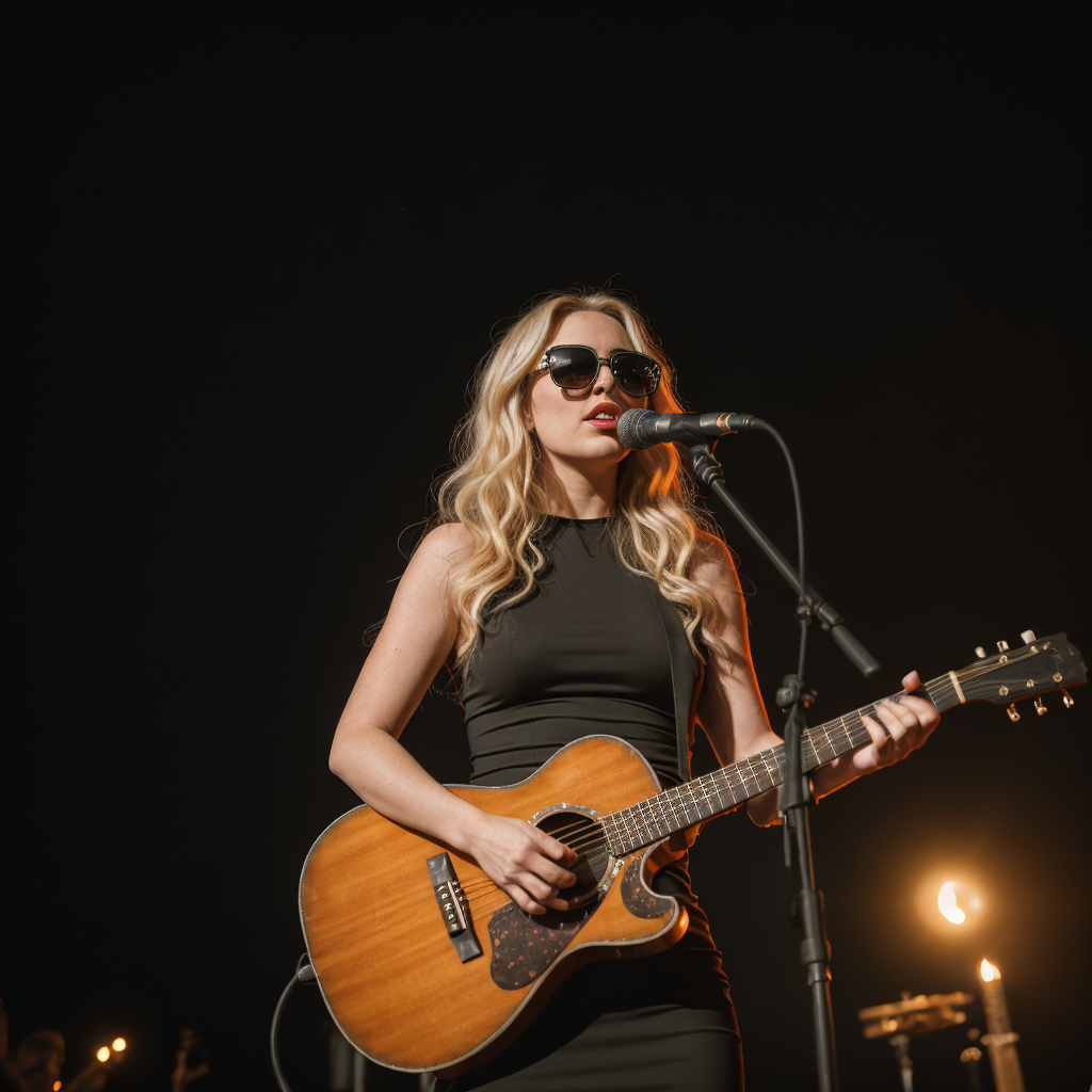 Imagen de una talentosa cantautora capturada en plena actuación. Equipada con su guitarra acústica y sumida en la luz cálida del escenario, la artista irradia pasión y estilo. Su vestimenta negra elegante complementa perfectamente la madera rica de su guitarra, creando una sinergia visual que es a la vez sofisticada y auténtica.