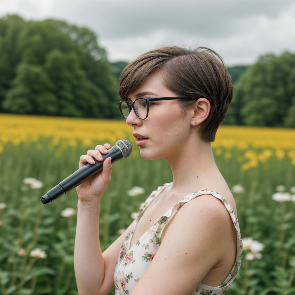 Imagen cautivadora de una joven cantante, sumida en su arte entre un vibrante campo de flores silvestres. Capturada en una composición visual perfecta, la foto muestra a la artista en un momento de profunda conexión con su entorno, mientras su voz se funde con la tranquilidad del paisaje.