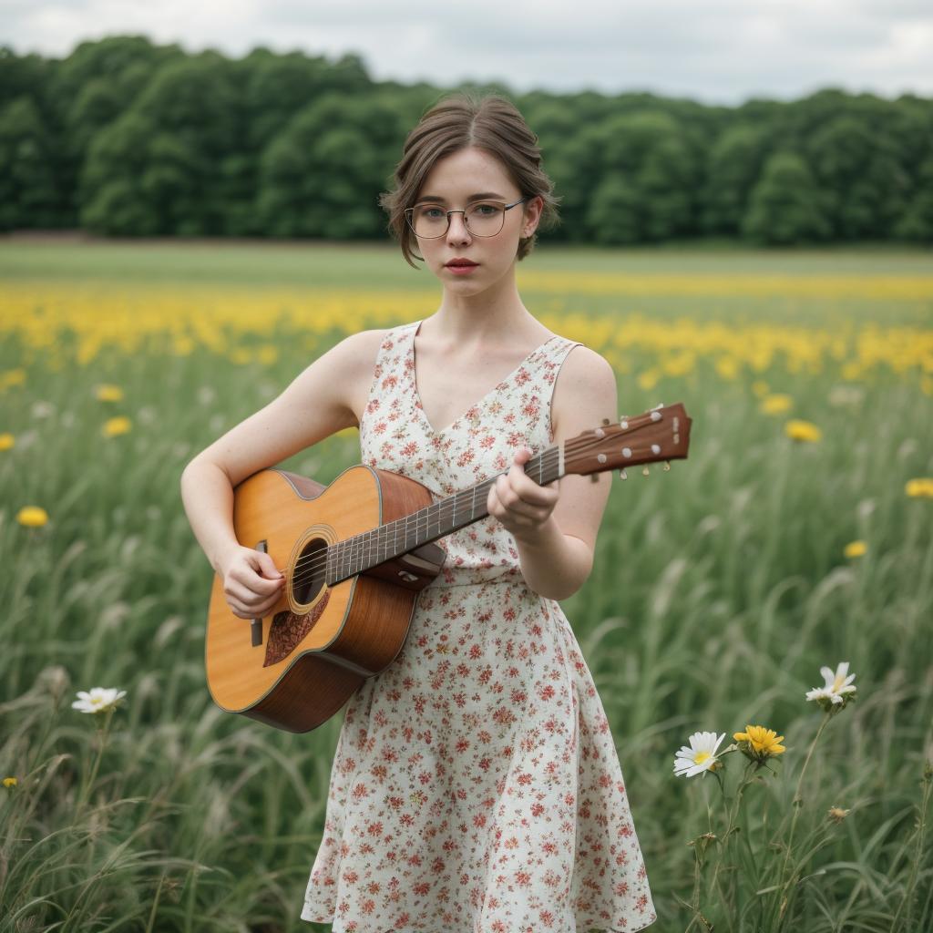 imagen de una joven guitarrista en medio de un prado florido. La fotografía captura un momento de reflexión y creatividad, donde la artista, vestida con un delicado vestido estampado y sus finas gafas, se funde con el paisaje pastoral.
