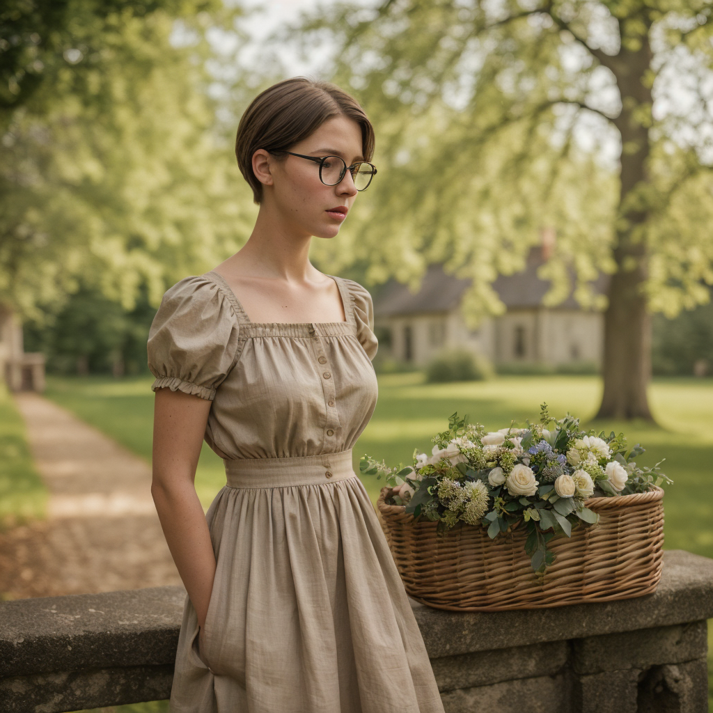 Imagen nostálgica que presenta a una mujer joven en un vestido vintage junto a una canasta de flores frescas. La fotografía, que parece sacada de una era pasada, muestra a la dama en un ambiente tranquilo y arbolado, ofreciendo una sensación de calma y conexión con la naturaleza.