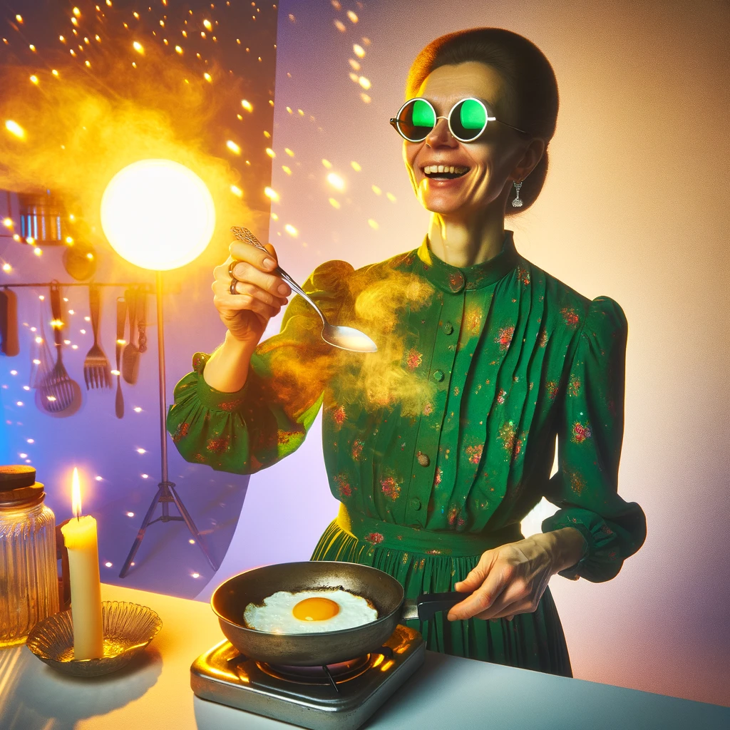 Esta imagen vibrante y llena de vida presenta a una mujer cocinando un huevo frito en una sartén, rodeada de un ambiente retro futurista con efectos visuales únicos. La combinación de luces y colores crea una escena surrealista y llamativa, perfecta para captar la atención en redes sociales.