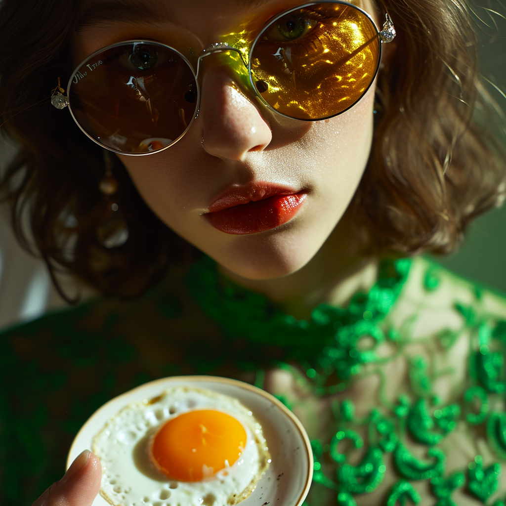 Explora la fusión entre moda y gastronomía con esta imagen impactante que combina un look vanguardista con un toque de surrealismo. La fotografía capta una expresión única de estilo y personalidad, donde lo cotidiano se transforma en arte.