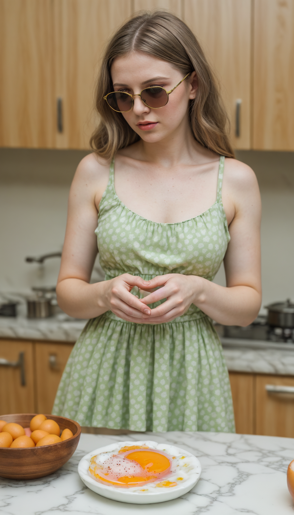 Esta imagen captura a una joven con un vestido verde y gafas de sol en una cocina, preparándose para disfrutar de unos huevos fritos recién hechos. Su estilo casual y doméstico destaca en un entorno culinario, ideal para publicidad de estilo de vida y contenido relacionado con la cocina.