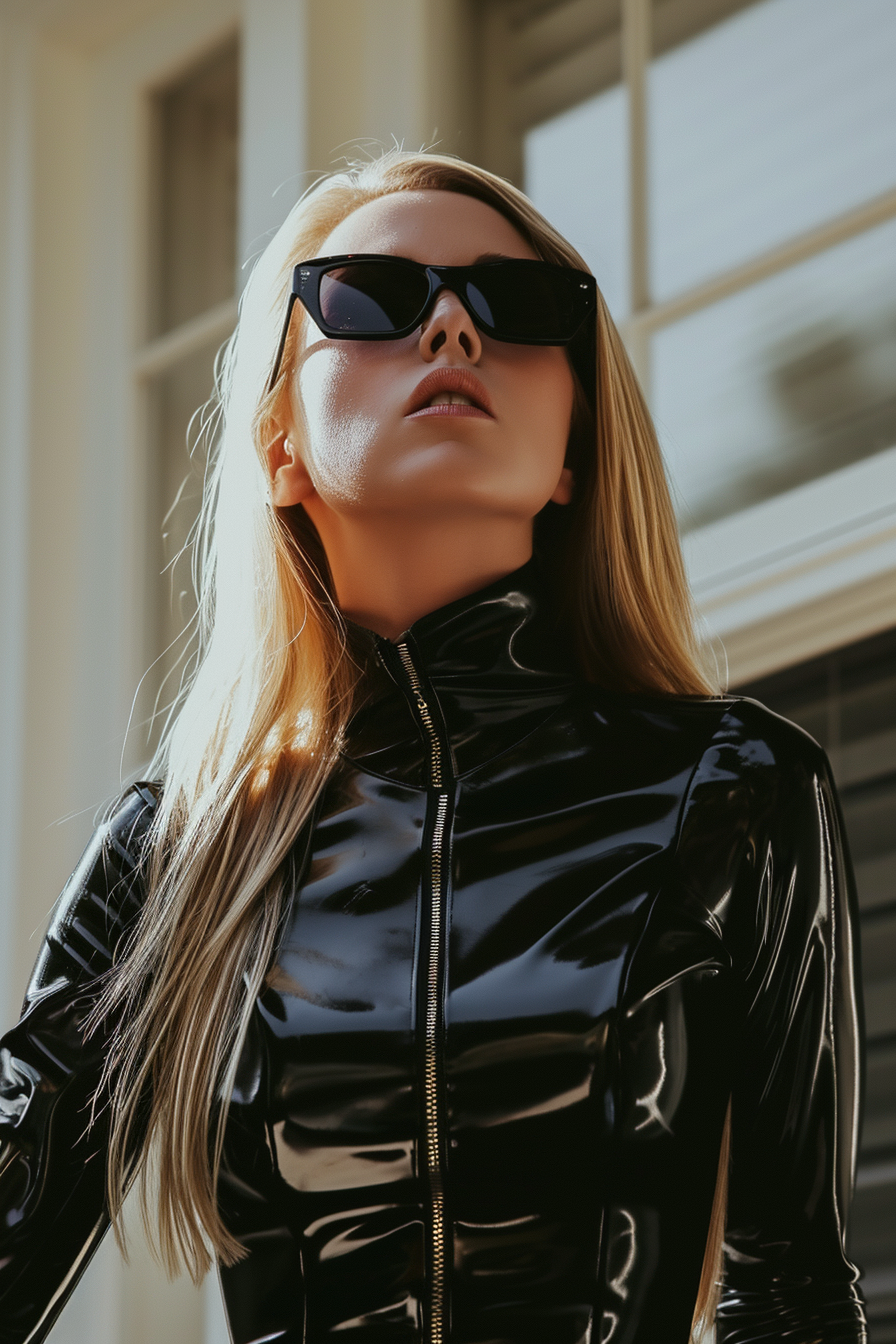 Esta imagen muestra a una mujer rubia con gafas de sol y un ajustado traje de látex negro, evocando una estética futurista y elegante. Perfecta para campañas de moda vanguardista o editoriales de estilo moderno. ¡Descubre el look del futuro hoy!