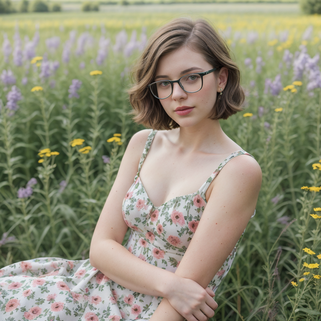 Imagen que captura la esencia de la moda al aire libre. En este retrato, una joven sofisticada con lentes de diseñador se destaca entre la exuberante flora de un campo floreciente. Su vestido de estampado floral se fusiona armoniosamente con el entorno, creando un enlace visual entre la elegancia humana y la belleza natural.