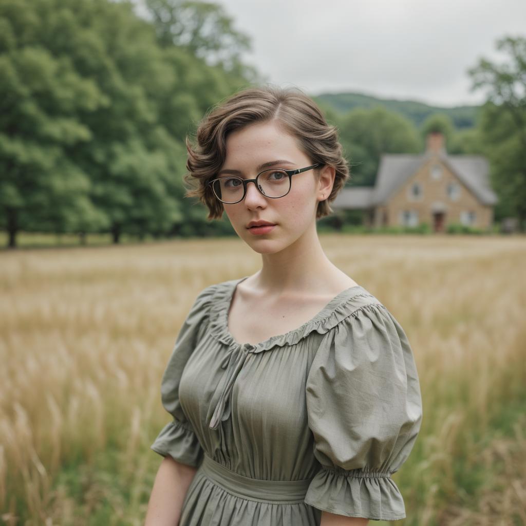 Captura la esencia atemporal y la serenidad pastoral con esta foto de una joven elegante, envuelta en tonos suaves y un ambiente bucólico, perfecta para amantes de la moda vintage y la fotografía de retrato.