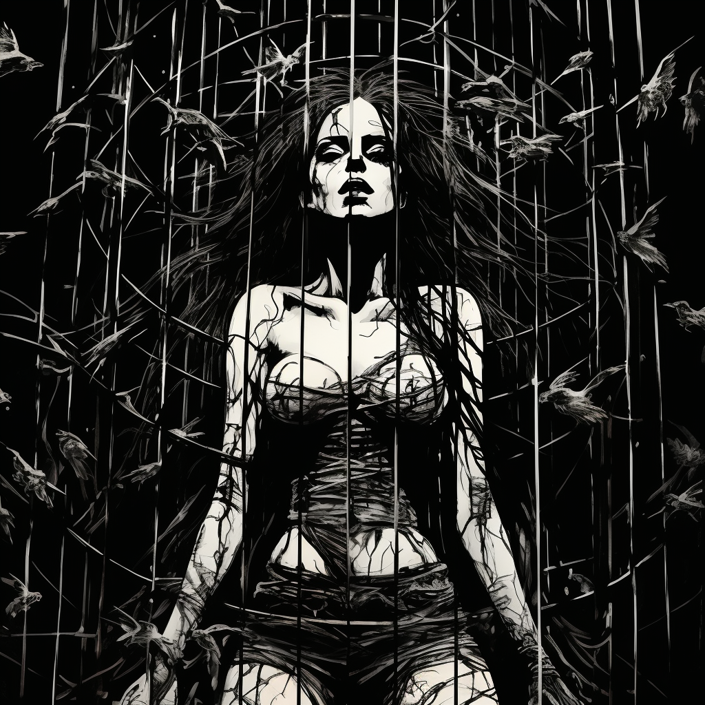 Pieza artística única que captura la esencia de la belleza atrapada. La imagen, rica en detalles intrincados y sombras profundas, evoca una sensación de misterio y encanto.