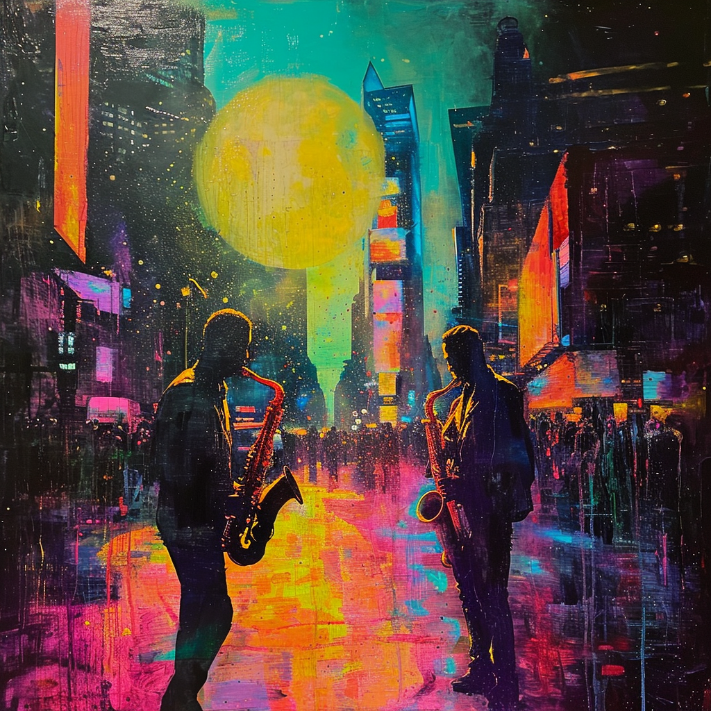 Representación urbana que captura la esencia del jazz bajo un cielo nocturno iluminado por neones. Dos siluetas de músicos de jazz, uno con un saxofón, se destacan en un primer plano enérgico, mientras el fondo de la imagen nos sumerge en un paisaje urbano lleno de altos rascacielos y una paleta de colores neón que refleja en el pavimento mojado.