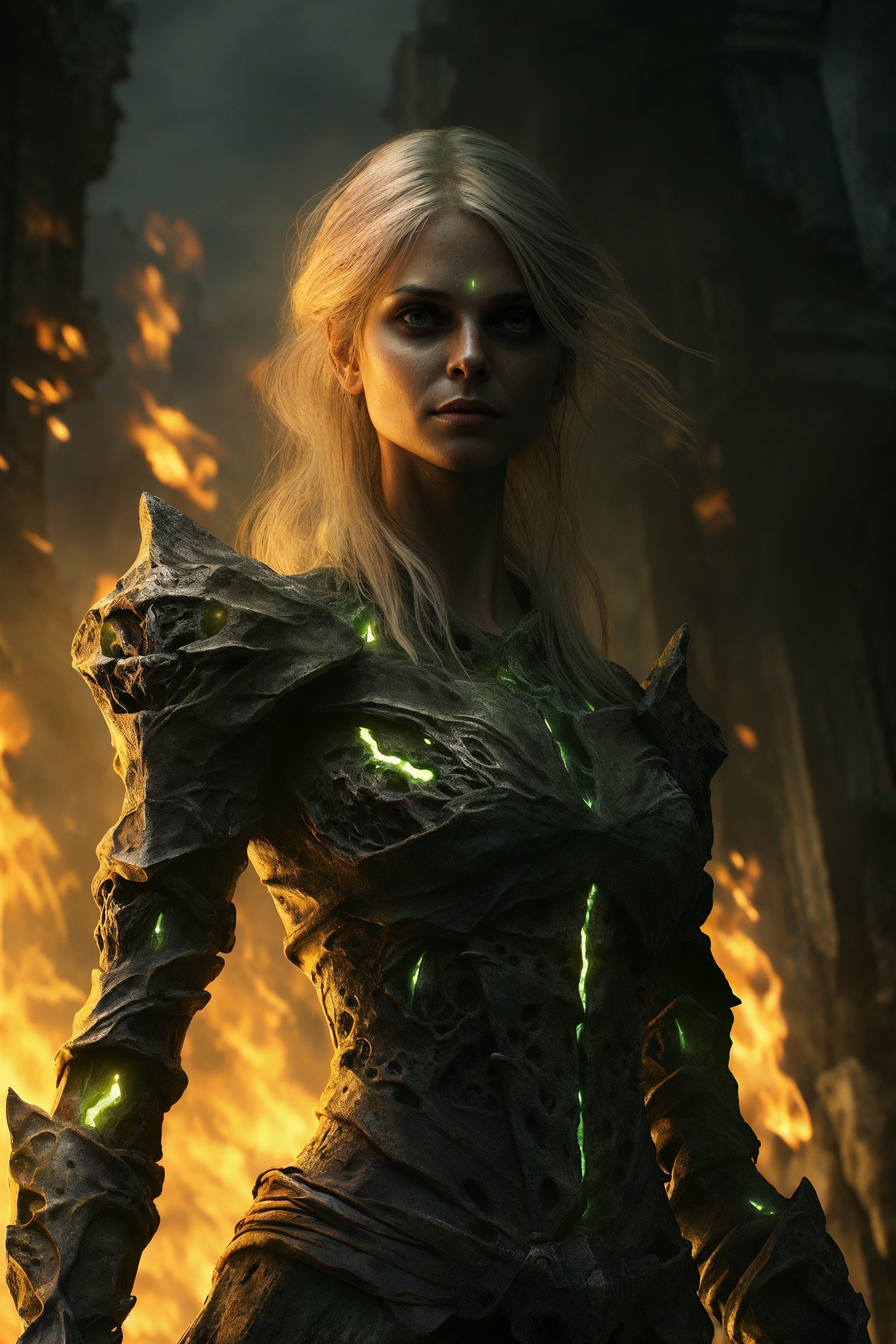 Descubre la intensidad de una guerrera mística ante el fuego de la batalla. Con una mirada que hechiza y una armadura que resplandece con destellos verdosos, esta imagen captura el espíritu indomable de una heroína de otros mundos. ¡Imprescindible para amantes de la fantasía!