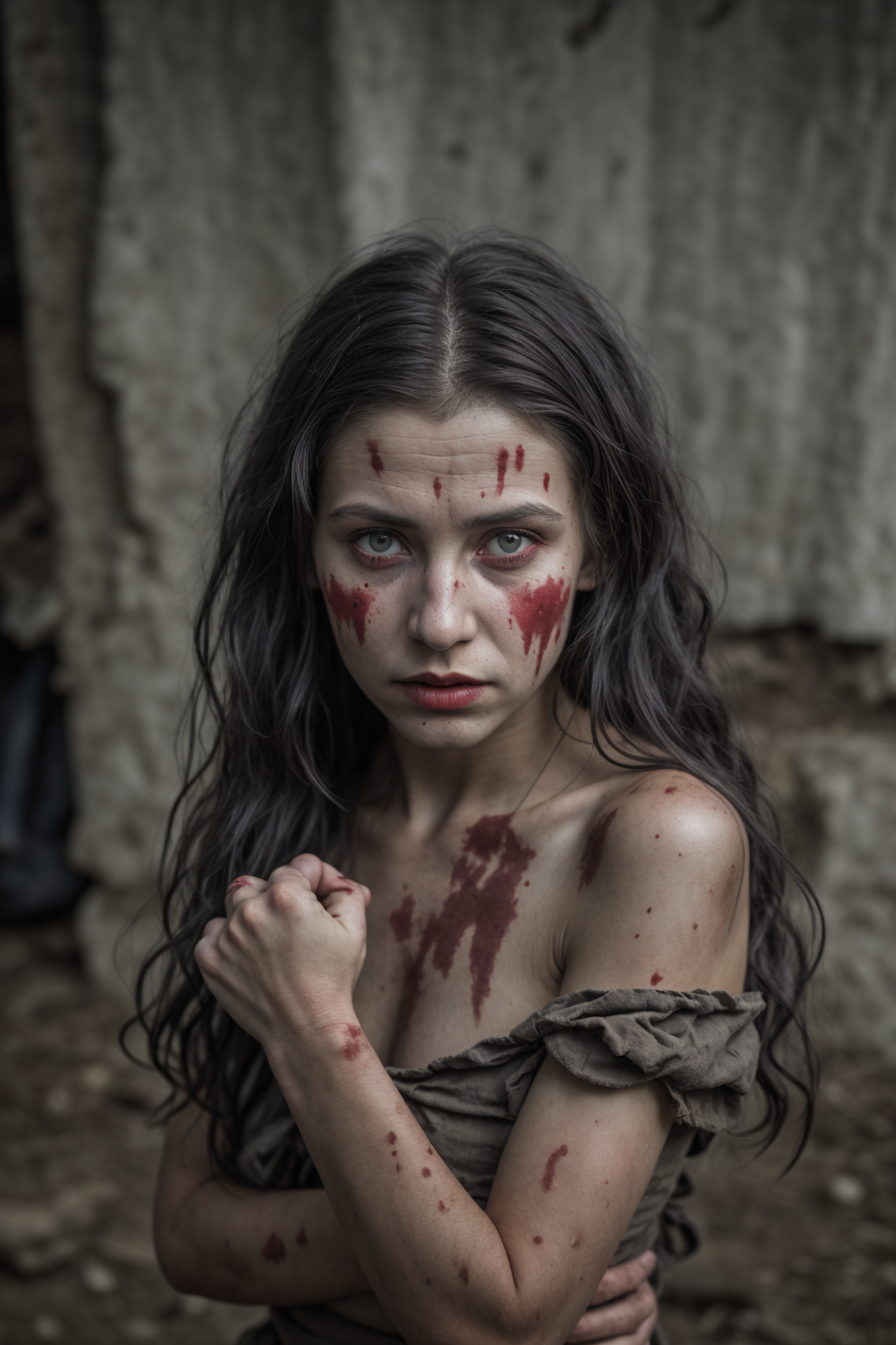 Explora la esencia del misterio y la supervivencia en esta impactante fotografía. Una joven con la mirada penetrante y marcas de sangre que relatan una historia no contada. Captura perfecta para una reflexión profunda.