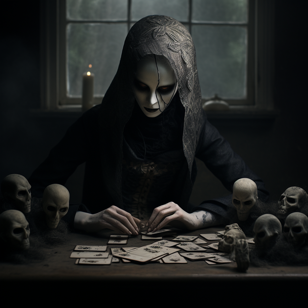 Descubre una atmósfera mística con esta inquietante imagen de una figura de luto realizando una lectura de tarot rodeada de cráneos. Perfecta para los aficionados a lo oculto y lo sobrenatural.