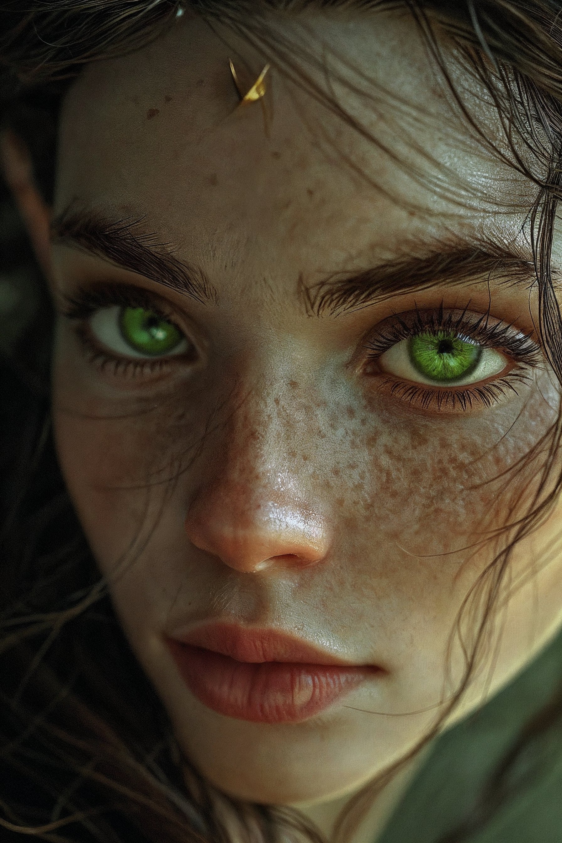 Descubre la belleza intensa y etérea de una mirada que cautiva: ojos verdes vibrantes, detalles realistas y una atmósfera enigmática. Esta imagen embellecerá tu feed con su elegancia natural y diseño artístico único.