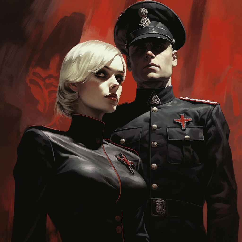 Explora el arte de la seducción de poder con esta impactante ilustración de una pareja en uniformes militares estilizados, contra un fondo rojo pasión. Un verdadero himno visual a la autoridad y el misterio.