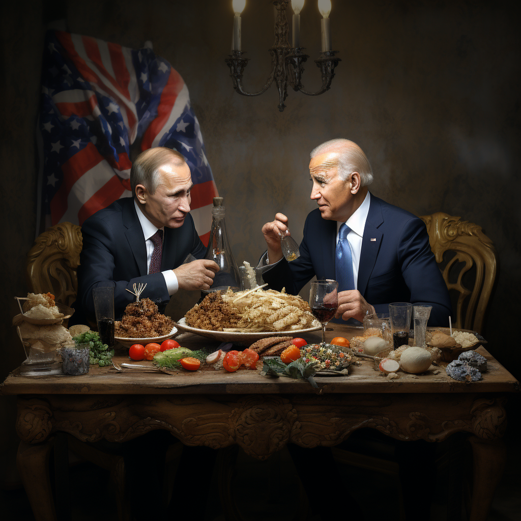 Encuentro de poder: dos líderes políticos en una cena tensa, rodeados de simbolismo nacional y platos copiosos, bajo una luz dramática que refleja el peso de sus conversaciones.