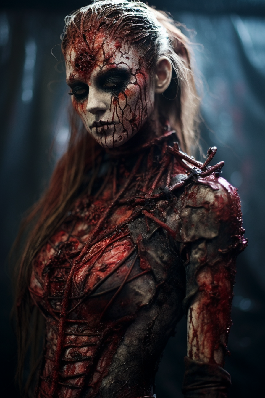 Descubre la impactante representación de terror con nuestra última imagen: "una zombi renegada". Magistralmente diseñada con detalles que te helarán la sangre y una estética que captura la esencia de los relatos de horror más intensos. ¡No te la pierdas!