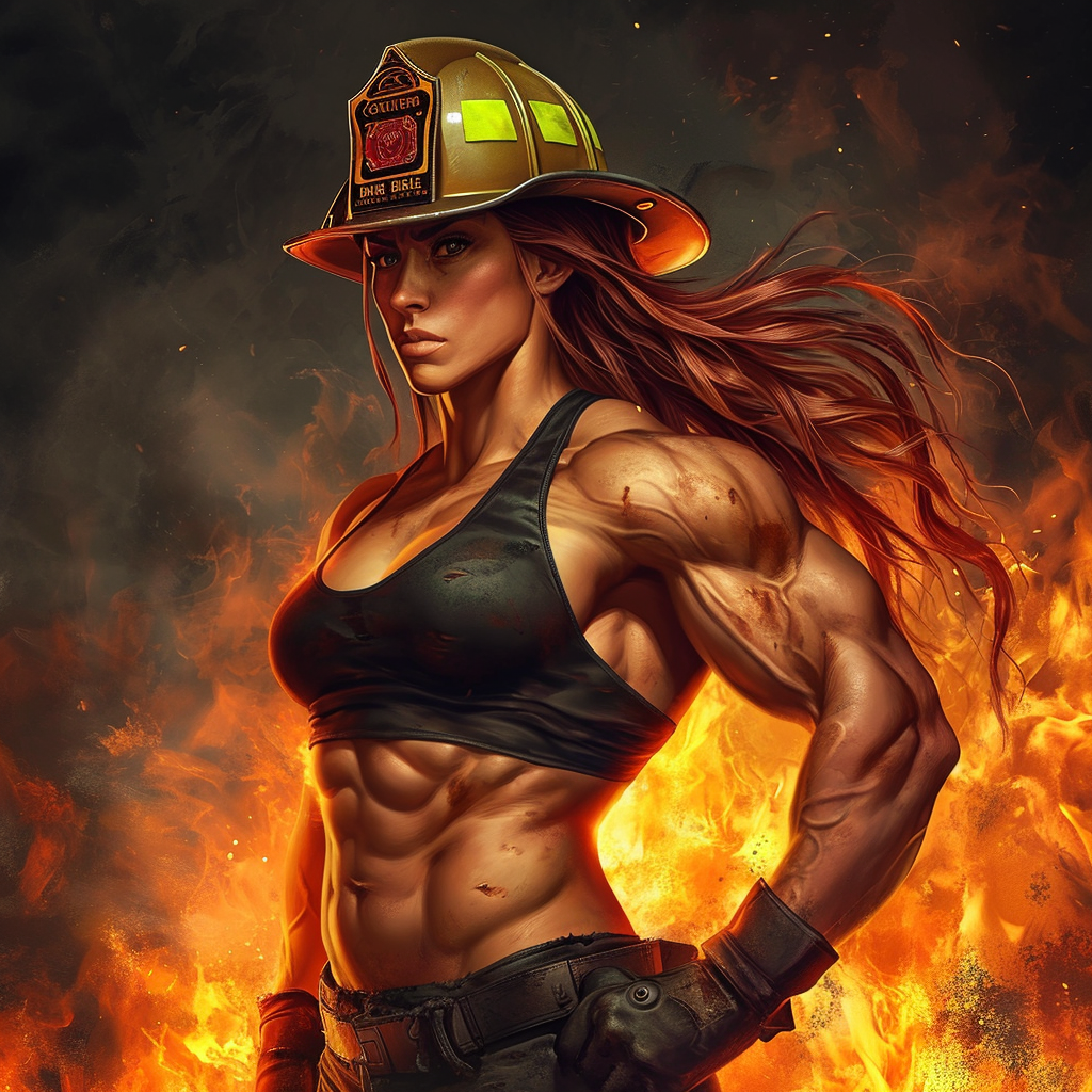 Esta imagen muestra a una mujer bombera con un casco de protección, destacando su musculatura y su expresión decidida mientras un fuego arde a su alrededor. La intensidad del fuego y la determinación en su rostro inspiran coraje y empoderamiento.