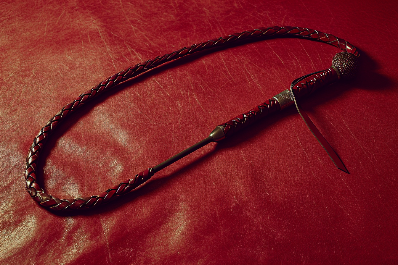 Látigo de cuero, una herramienta fascinante de manejo y destreza. En esta imagen se destaca un látigo elegante y bien elaborado, descansando sobre una superficie de cuero rojo que resalta su diseño trenzado y su mango detallado.