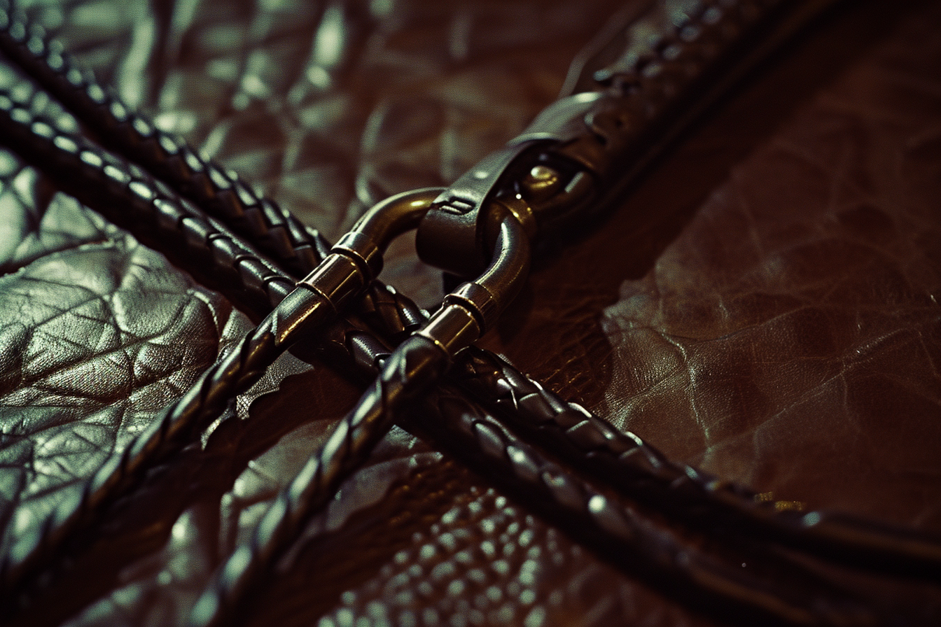 Imagen de alta resolución que destaca la exquisita textura y los detalles finos del cuero. La fotografía, con un enfoque macro, muestra un primer plano de un lazo de cuero entrelazado con una cremallera, resaltando la artesanía y calidad del material.