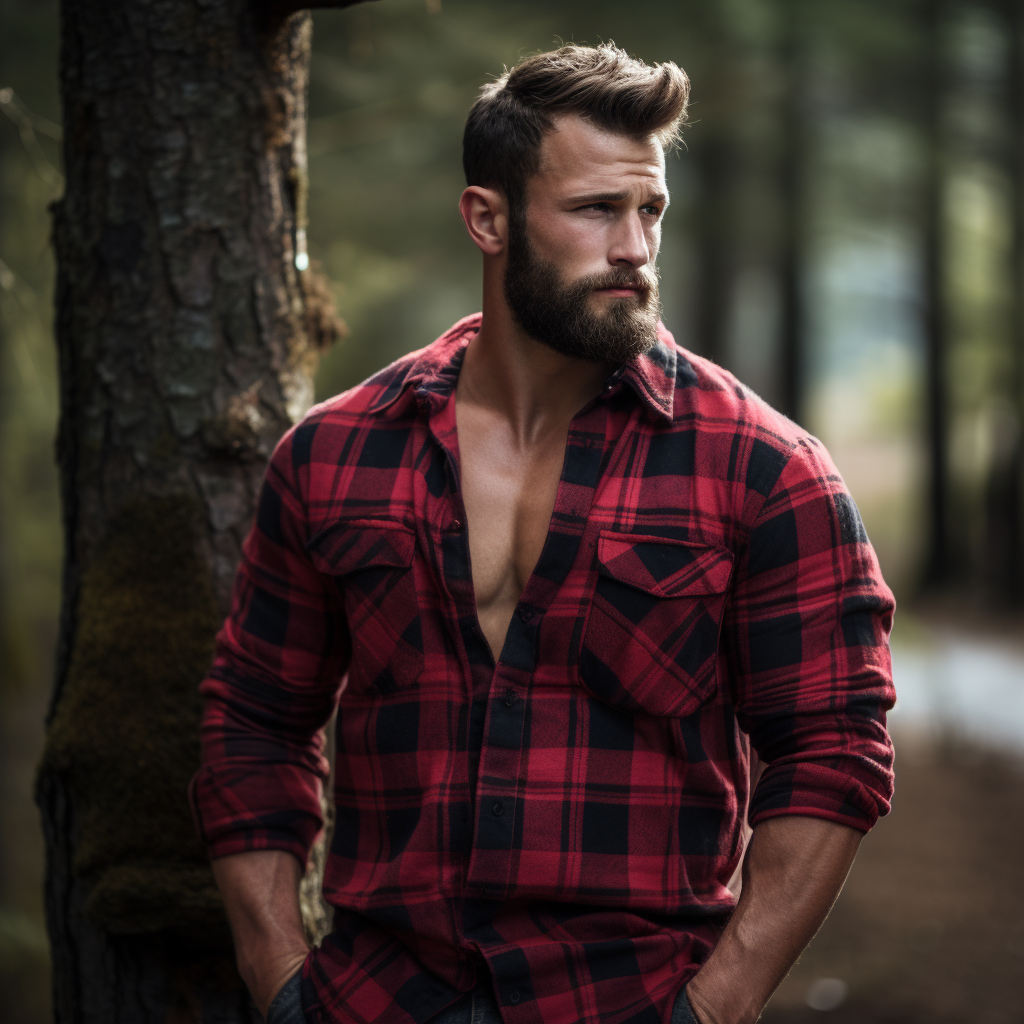 Un leñador robusto con una barba prominente y camisa de franela roja posa junto a un árbol en un bosque. La imagen refleja fuerza, rusticidad y conexión con la naturaleza, ideal para contenido relacionado con estilo de vida al aire libre, moda rústica y aventuras en la naturaleza.