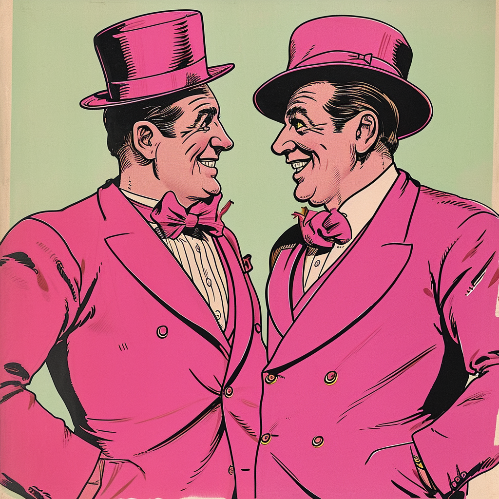 ¡Descubre esta vibrante imagen retro de dos empresarios sonrientes vestidos con trajes y sombreros rosas! Una obra de arte que captura la esencia del estilo vintage con un toque moderno. Perfecta para los amantes de la moda y la nostalgia.