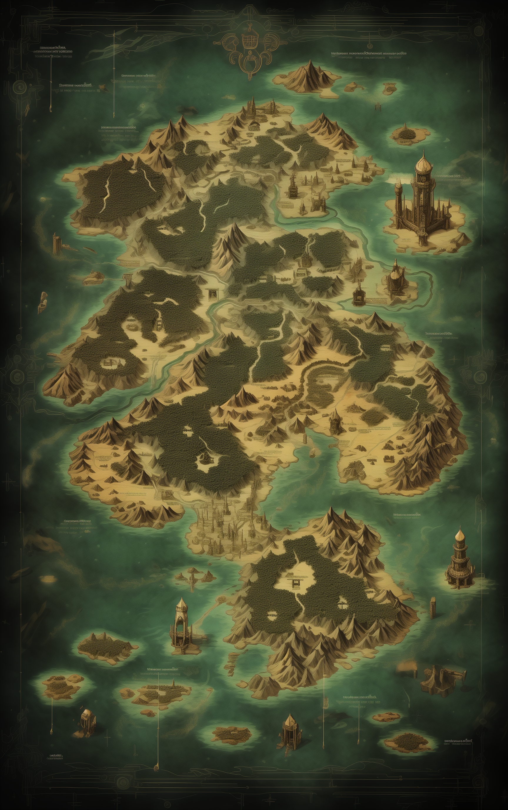 Explora el mapa detallado de un reino de fantasía con islas misteriosas, montañas imponentes y estructuras majestuosas, perfecto para aventureros y aficionados a los juegos de rol.