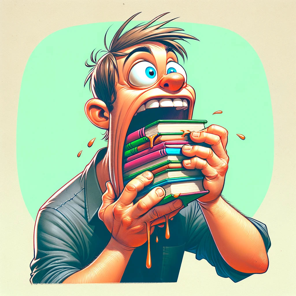 ¡Explora esta divertida ilustración caricaturesca de un hombre devorando libros! Una representación vibrante y humorística del amor por la lectura, ideal para aquellos que disfrutan del arte cómico y la literatura.