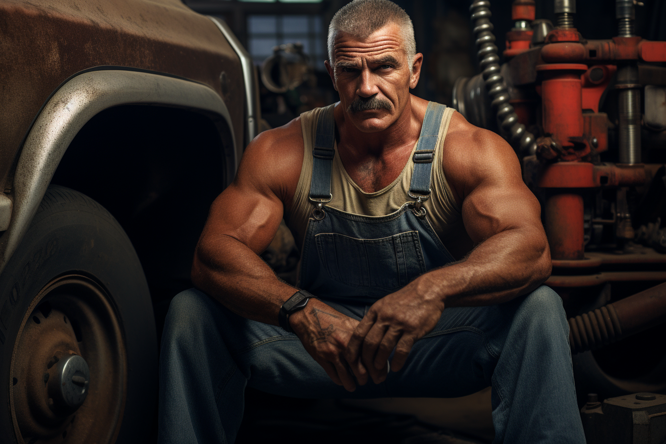 Retrato de un mecánico musculoso y decidido, sentado junto a una camioneta antigua en su taller. La imagen en colores vivos resalta la fuerza y experiencia del trabajador, ideal para representar la dedicación y habilidades en el ámbito mecánico y automotriz.