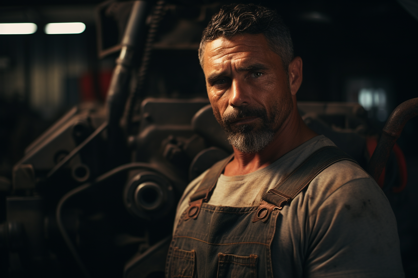 Descubre la esencia del trabajo duro con esta impresionante imagen de un mecánico en su taller. La fotografía captura la determinación y el esfuerzo del día a día en un ambiente industrial. Perfecta para inspirar y conectar con la dedicación y la pasión del oficio mecánico.