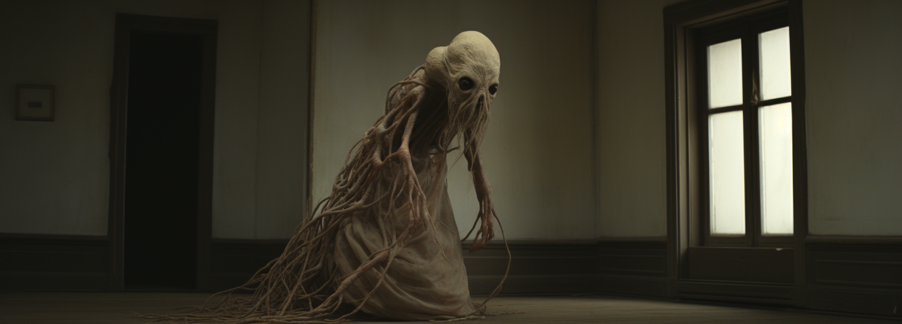 Adéntrate en lo perturbador con esta imagen surrealista de un monstruo en una habitación desierta. Con su forma extraña y tentáculos enredados, esta obra captura la esencia del miedo y lo desconocido. Ideal para los amantes del arte oscuro y lo surreal. ¡Déjate atrapar por el misterio!