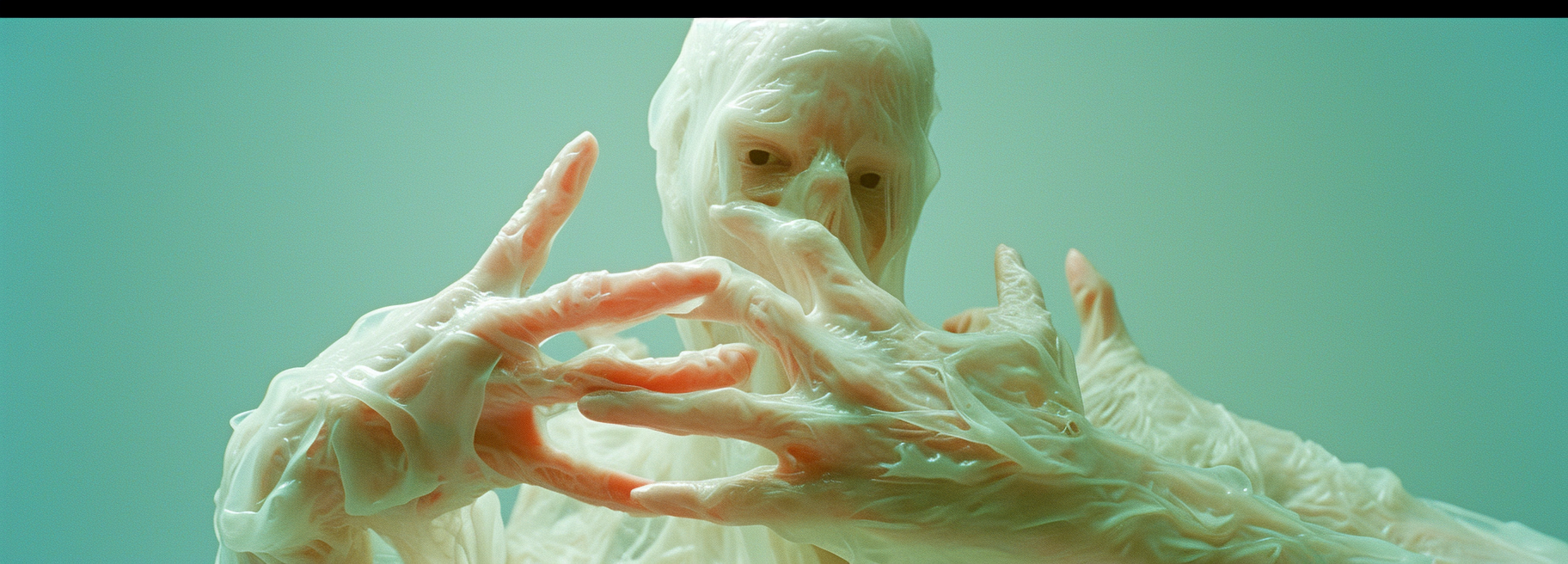 Descubre la impactante imagen de una figura humanoide cubierta por una sustancia blanca y viscosa que se entrelaza con sus manos, creando un efecto alienígena y enigmático. Este retrato futurista y surrealista te sumergirá en un mundo de ciencia ficción y misterio visual.