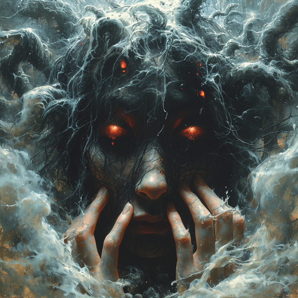 Sumérgete en un mundo de pesadillas con esta imagen inquietante de una figura femenina humanoide envuelta en oscuridad, con ojos rojos llameantes y una expresión de terror. Los detalles sombríos y la atmósfera sobrenatural hacen de esta obra un ejemplo perfecto del arte oscuro y surrealista.