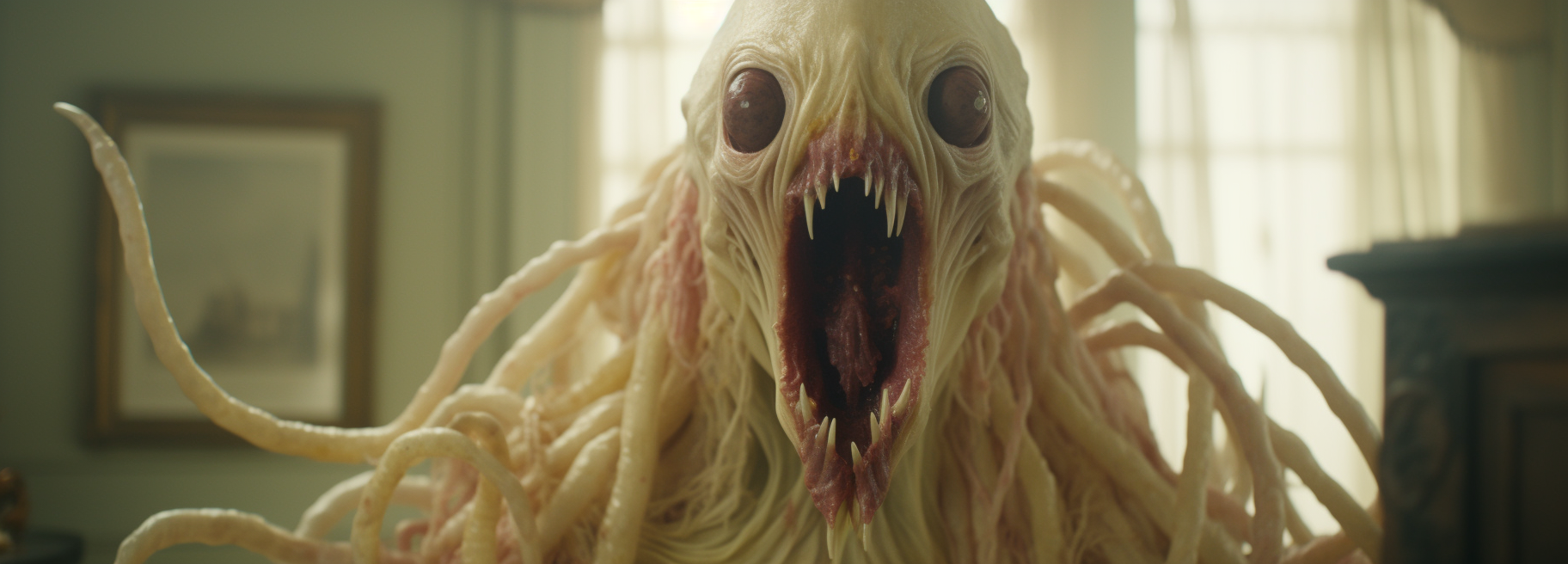 Adéntrate en el horror gótico con esta imagen de una criatura aterradora con tentáculos y una boca llena de dientes afilados. Ambientada en una habitación oscura y antigua, esta escena escalofriante es perfecta para los amantes del terror y lo macabro.