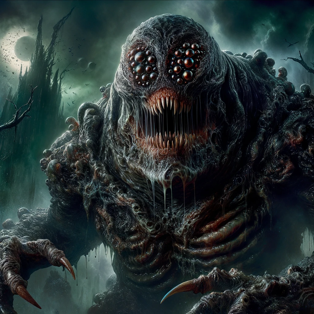 En esta imagen aterradora, un monstruo con múltiples ojos y dientes afilados emerge en un entorno sombrío y brumoso, creando una atmósfera de pesadilla perfecta para historias de terror. Ideal para atraer a los amantes del género de horror y criaturas monstruosas.