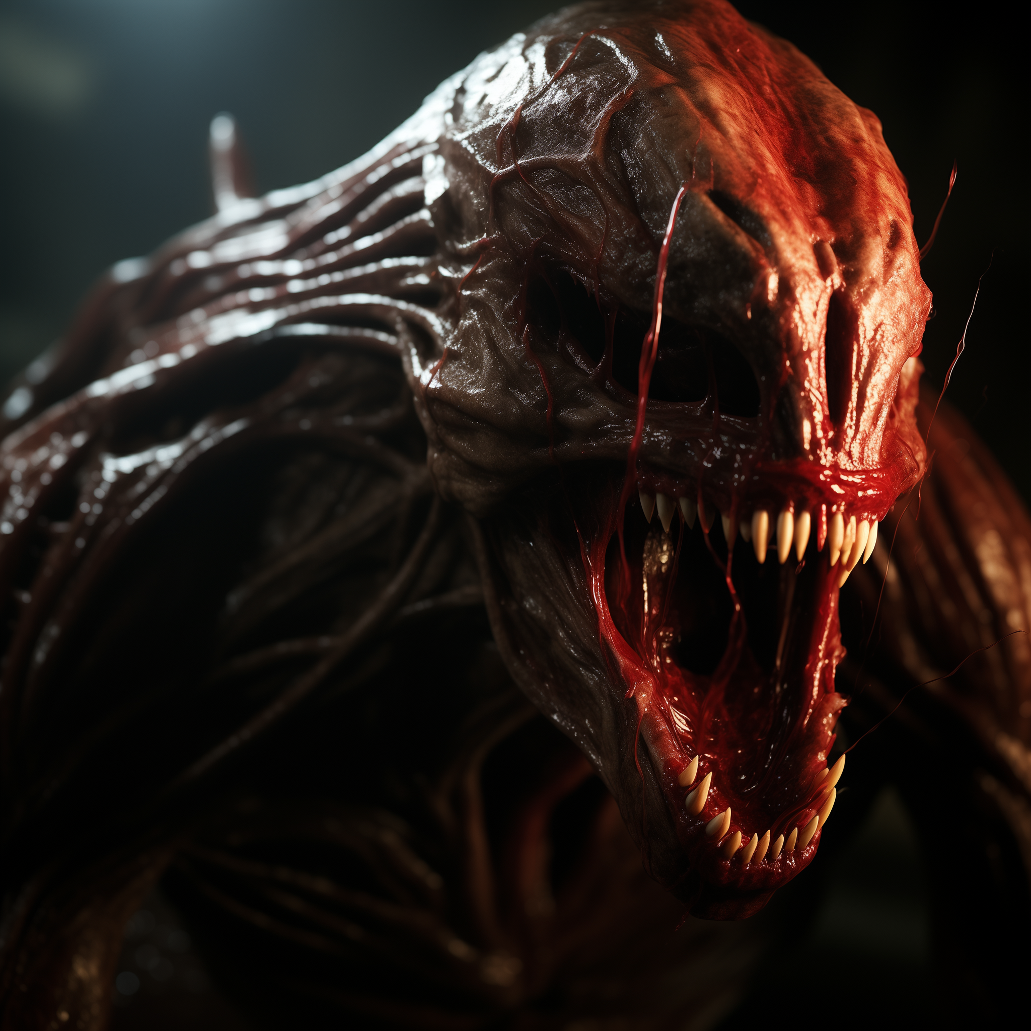 Esta imagen muestra una criatura feroz con dientes afilados y manchas de sangre, creando una escena llena de terror. Perfecta para los entusiastas del terror y criaturas sobrenaturales, esta imagen captura la esencia del miedo y el peligro.