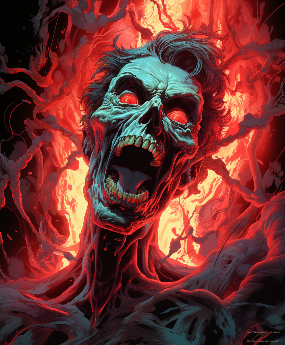 Descubre la impresionante ilustración de un ser esquelético y ardiente que parece emerger del infierno mismo. Sus ojos llameantes y su expresión de terror te dejarán sin aliento. Perfecta para los amantes del arte oscuro y las emociones fuertes. ¡No te la pierdas!