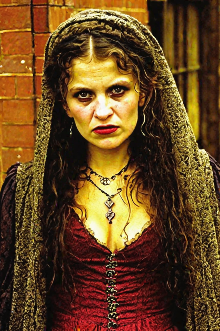 Unique capture of a woman dressed in the Renaissance style, with an enigmatic expression and penetrating gaze, perfect for evoking period stories. Ideal for lovers of theatrical photography and living history.